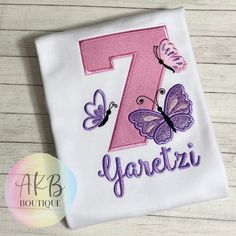 Personalized Butterfly Birthday Shirt, Girls Butterfly Birthday Tee Shirt, Butterfly T Shirt, Fairy  Birthday Shirt AGE 1-9 Custom  It is VERY Imortant to match your need by date to the shipping ESTIMATED times. If you need it sooner Please contact me BEFORE purchasing. I also offer 'RUSH ORDERS" there is a separate listing for it and must be purchased with the outfit listing. I offer short and long sleeve shirts. SS = Short Sleeve LS = Long Sleeve I use  Boutique quality shirt for all embroidery. They have PUFF sleeves. They are 100% Combed Cotton SUPER SOFT and run TRUE TO SIZE. I use a soft mesh on the backing of the embroidered design to make it soft to the touch for your little one. Machine wash Cold and Hang Dry. Butterfly Birthday Shirt, Butterfly T Shirt, Fairy Birthday, Butterfly Birthday, Birthday Tee, Custom Shirt, Birthday Shirt, Embroidered Design, Kids Tops