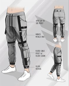 Pants Design Sketch, Cargo Pants Design, Mens Joggers Outfit, Green Cargo Pants Outfit, Cargo Pants Outfit Men, Men Drawing, Fashion Sketches Men, Looks Hip Hop, Cyberpunk Clothes