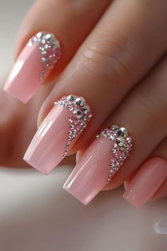 Wedding Nails With Rhinestones And Pearls, Wedding Day Nails With Rhinestones, Light Pink French Tip With Rhinestones, Pink French Tip With Jewels, French Tip With Righnstones, Pink Wedding Nails, Bridal Nails Designs, Fancy Nails Designs, Nails Design With Rhinestones