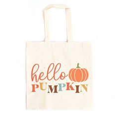 Looking for a cute tote bag to carry all your essentials this summer? This cute Cursive Hello Pumpkin bag will be perfect to add to your collection. Perfect for a day at the beach or every day life! Cute Canvas Bag For Back To School, Cute Cotton Bags For Back To School, Cute Canvas Bags For Back To School, Cute Back To School Gift Bag, Cute Canvas Shopping Bag Gift, Playful Everyday Bags For Back To School, Cute Canvas Bag With Letter Print For Travel, Cute Canvas Tote Bag For Everyday Use, Playful Canvas Gift Bag For Everyday Use