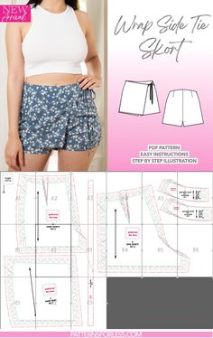 Wrap Side Tie Skort Sewing Pattern Skort Sewing, Skort Sewing Pattern, Shorts Sewing, Diy Wardrobe, Sewing Instructions, Overlay Skirt, Helpful Tips, Summer Wardrobe, Sewing Pattern