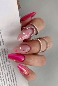 Barbie Pink Nails, Heart Nail Designs, Heart Nails, Valentine's Day Nails, Valentines Nails, Perfect Nails, Almond Nails