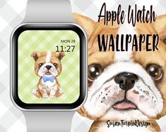 an apple watch with a dog's face on it and the time displayed in front