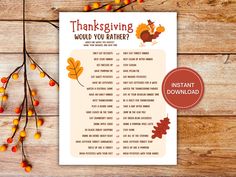 thanksgiving would you rather? printable activity for kids to learn how to read and write