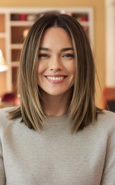 Texture Shoulder Length Hair, Shoulder Length Bob For Thinning Hair, At Shoulder Haircut, Light Brown Cool Hair, Medium Length For Fine Hair Over 40, Women’s Haircuts Brunette, Celebrity Long Bob, Women Shoulder Haircut, Women’s Collar Bone Length Hair