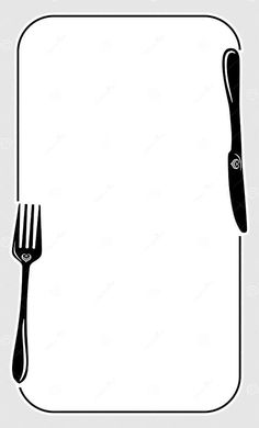 a fork and knife on a white plate with a black border around the place for text