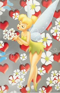 the tinkerbell fairy is holding flowers in front of hearts and daisies on a gray background