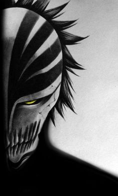 a black and white drawing of a man with yellow eyes wearing a zebra print headdress