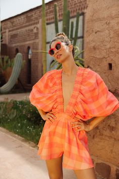 Playsuit Pattern, Gingham Jumpsuit, Oversized Jumpsuit, Jumpsuit Overalls, Women Summer Casual, Neon Coral, Kimono Sleeves, Looks Black, Mode Inspiration