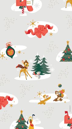 christmas wallpaper with cartoon animals and trees