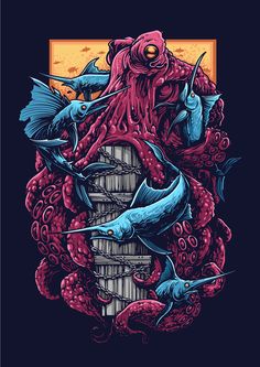 an octopus and other sea creatures are depicted in this t - shirt design for the upcoming game