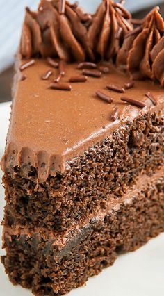 a piece of chocolate cake on a white plate