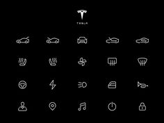 the tesla logo is shown in white on a black background, with other symbols surrounding it