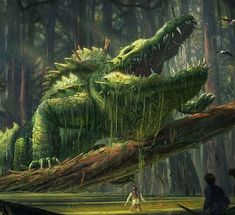 a large green monster sitting in the middle of a forest next to a person walking