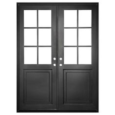 the double doors are black and have glass panels