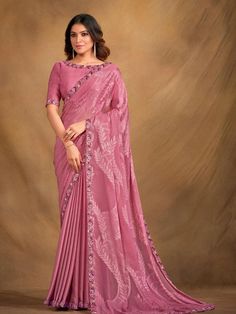 Pink Georgette Sequence And Embroidered Saree - VJV Now Pink Sari, Ruffle Sarees, Ruffle Saree, Patiala Salwar, Designer Sarees Online, Net Saree, Sari Blouse, Trendy Sarees, Wear Saree