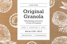 an advertisement for the original granola with raisins, coconut and a touch of cinnamon