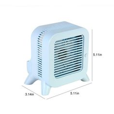 an image of a small white fan heater on a white background with measurements for the size