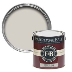 the farrow and ball paint is white with dark brown trim, in a can