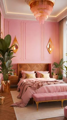 a bedroom with pink walls, gold accents and a large bed in the center surrounded by potted plants