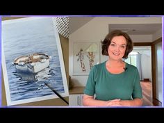 a woman standing in front of a painting and an image of a boat on the water