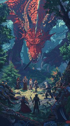 an image of a giant red dragon in the middle of a forest with people standing around it