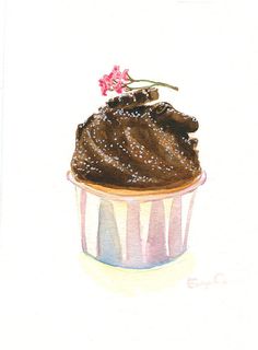 a drawing of a cupcake with chocolate frosting and a single flower on top