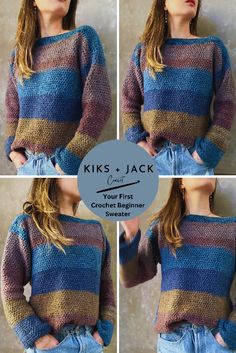 four photos of a woman wearing a sweater with the words kirs and jack on it