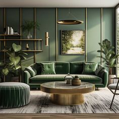 a living room with green walls and gold trimming on the couches, coffee table and ottoman