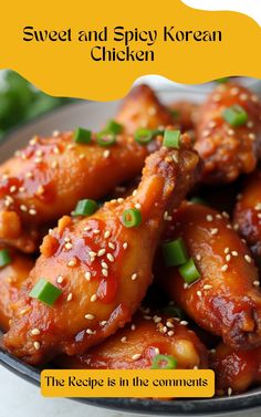 sweet and spicy korean chicken with sesame seeds on the side in a black bowl, ready to be eaten