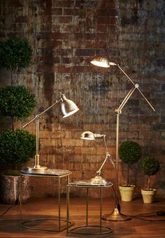 two lamps sitting next to each other in front of a brick wall with potted plants