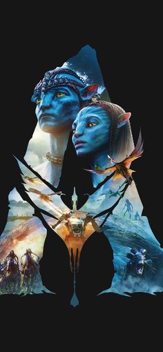 the poster for avatar, featuring two women with blue hair and one man's face