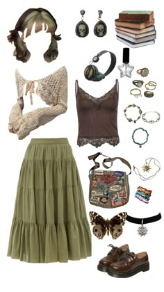 a woman's clothing and accessories including shoes, bracelets, necklaces, bra