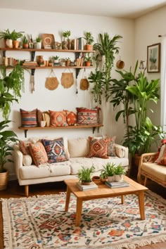 a living room filled with furniture and lots of plants on top of the shelves above