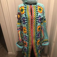 I Personally Crocheted Each Square For This Fabulous Duster. The Yarn Is Acrylic With The Base Color Of Turquoise Granny Square Duster, Granny Square, Diy Fashion, Base Colour, Hand Made, Jackets & Coats, Jackets For Women, Womens Sizes, Yarn