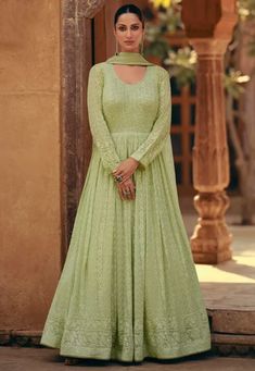 Hand Embroidered Georgette Abaya Style Suit in Pastel Green Georgette Anarkali Suits, Gown Designs, Party Wear Gowns, Georgette Anarkali, Gown With Dupatta, Long Anarkali, Designer Anarkali Suits, Gown Party Wear, Designer Anarkali