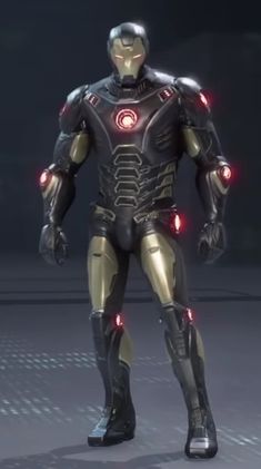 an iron man standing in a dark room with red lights on his chest and arms