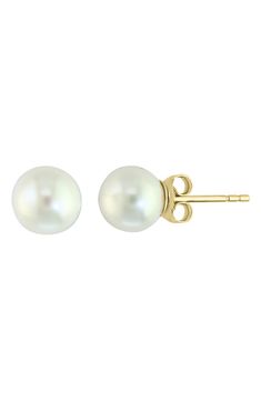 Lustrous freshwater pearls accent these 14-karat yellow gold studs for a sophisticated look. 7mm W x 7mm L Post back Pearl size: 7–8mm 14k-yellow gold/freshwater pearl Made in the USA Freshwater Pearl Earrings, Pearl Collection, Freshwater Pearls Earrings, Effy Jewelry, Earring Crafts, Pearl Stud Earrings, Pearl Size, Pearl Studs, Gold Studs