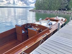 a small wooden boat docked at a pier