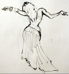 a black and white drawing of a woman in a dress with her arms spread out