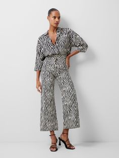 Seine Atena Twill Trousers Wide Leg Culottes, Twill Trousers, Wave Print, Go Wild, Printed Trousers, Twill Pants, Wide Cuff, Weekend Wear, French Connection