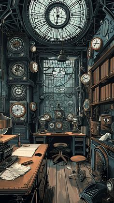 a room filled with lots of clocks and desks