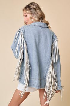 Introducing our Buckle Up Fringed Denim Jacket! Elevate your denim game with this edgy and stylish piece. Featuring fringe details and buckle accents, this jacket adds a touch of flair to any outfit. Edgy and stylish denim jacket with fringe details and buckle accents Versatile piece that can be dressed up or down for any occasion Made from high-quality denim for durability and comfort Perfect for adding a touch of flair to your everyday look Denim Jacket With Fringe, Light Wash Denim Jacket, Reef Shoes, Denim And Diamonds, White Fringe, Weekend Activities, Clothes Closet, Light Wash Denim, Clothes Collection