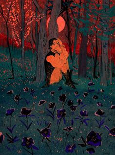 an illustration of a man hugging a woman in the woods at night with trees and flowers