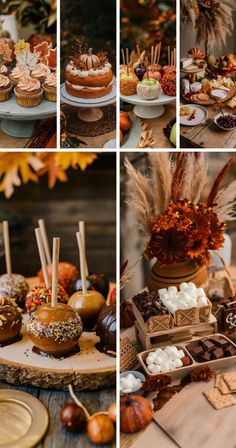 a collage of photos showing different types of desserts and pastries on display