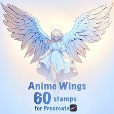 an angel with blue wings standing in front of a white background and the words, anime wings 60 stamps for procreate