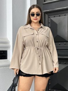 Khaki Casual Collar Long Sleeve Woven Fabric Plain Shirt Embellished Non-Stretch  Women Plus Clothing Khaki Button-up Blouse With Pockets, Khaki Button-up Shirt With Button Closure, Oversized Button-up Top With Concealed Placket, Casual Work Wear, Plain Shirts, Work Tops, Casual Work, Girl Day