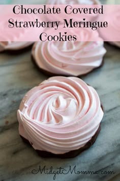 chocolate covered strawberry meringue cookies with pink frosting on top and text overlay