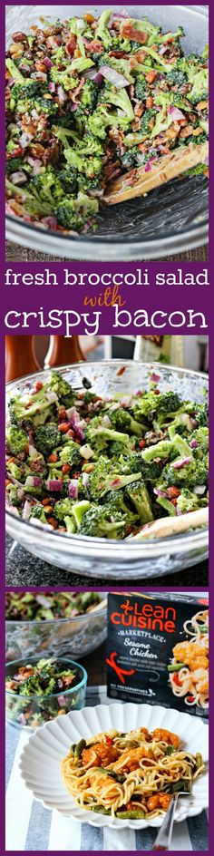 broccoli salad with crispy bacon is shown in three different pictures and the same side