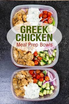 two plastic containers filled with food and the words greek chicken meal prep bowls on top